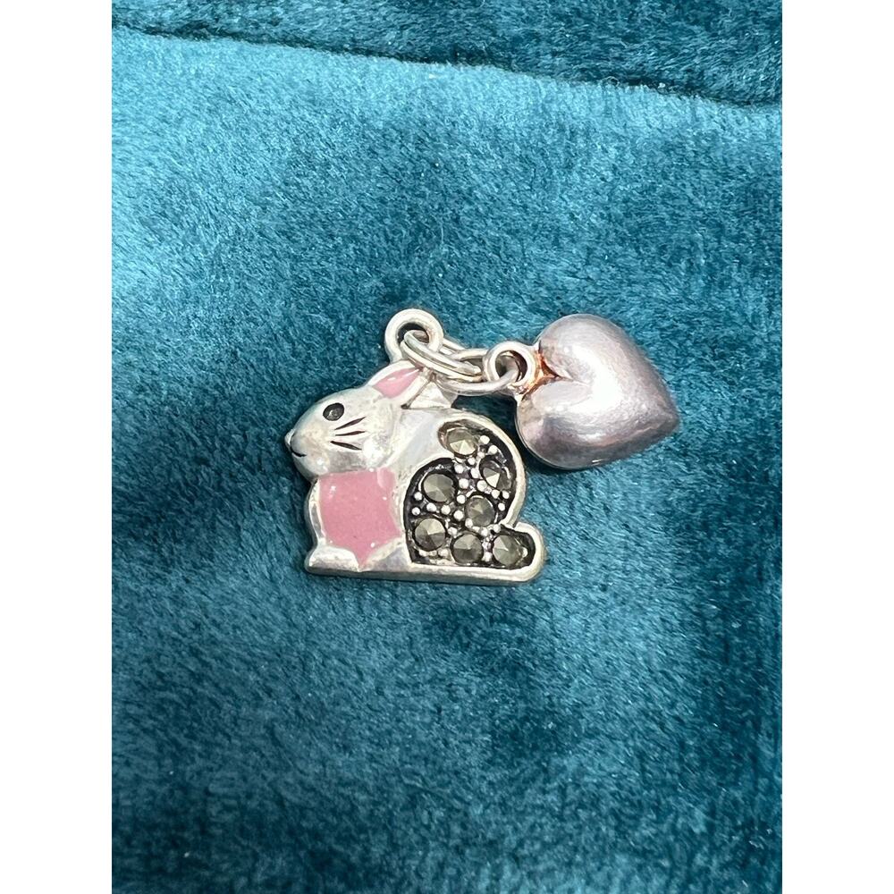 Sterling Silver 925 Marcasite Rabbit Bunny Charm Heart Dangle Vintage